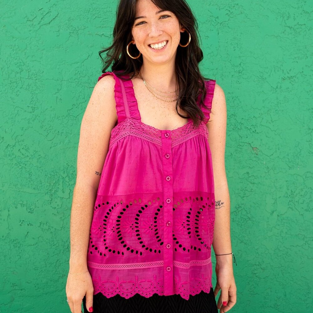 NWT - Ocean Embroidered Lace Tank in Baton Rouge Hot Pink